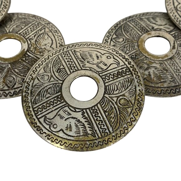 Raven Bird Tribal Style Silver Tone Engraved Disc Bib Statement Necklace 16" - Picture 2 of 7